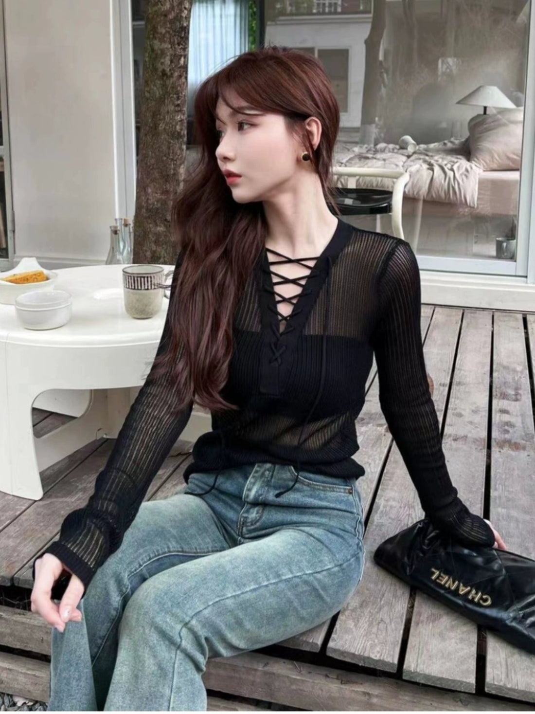 Kaka Official Flagship Authentic Rich Black Openwork Knitted Top